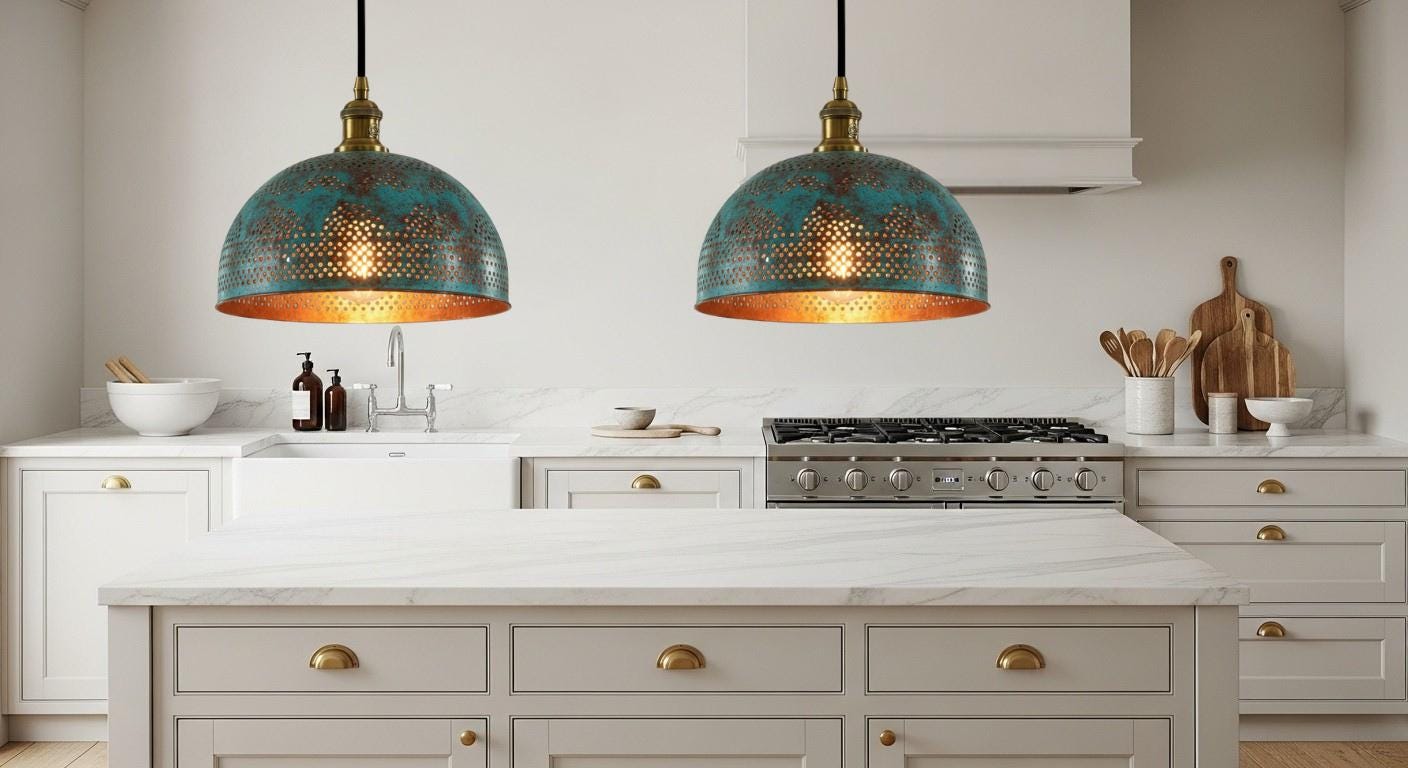 Handamde Blue Patina Lighting ,Brass Ceiling Dome Pendant Lamp , Brass Hanging Dome Lamp , Kitchen Island Lighting,Hammered Light,Boho Light