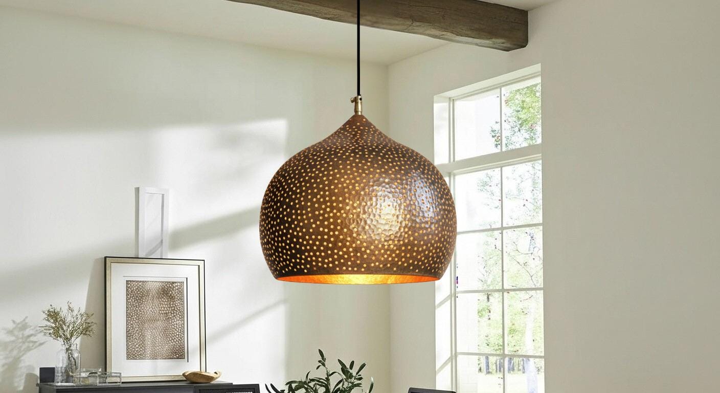 Hammered Copper Dome Pendant Light,  Moroccan  Kitchen Lighting , Hand-Forged Swirl Design , Rustic Farmhouse  ,Green Patina Brass