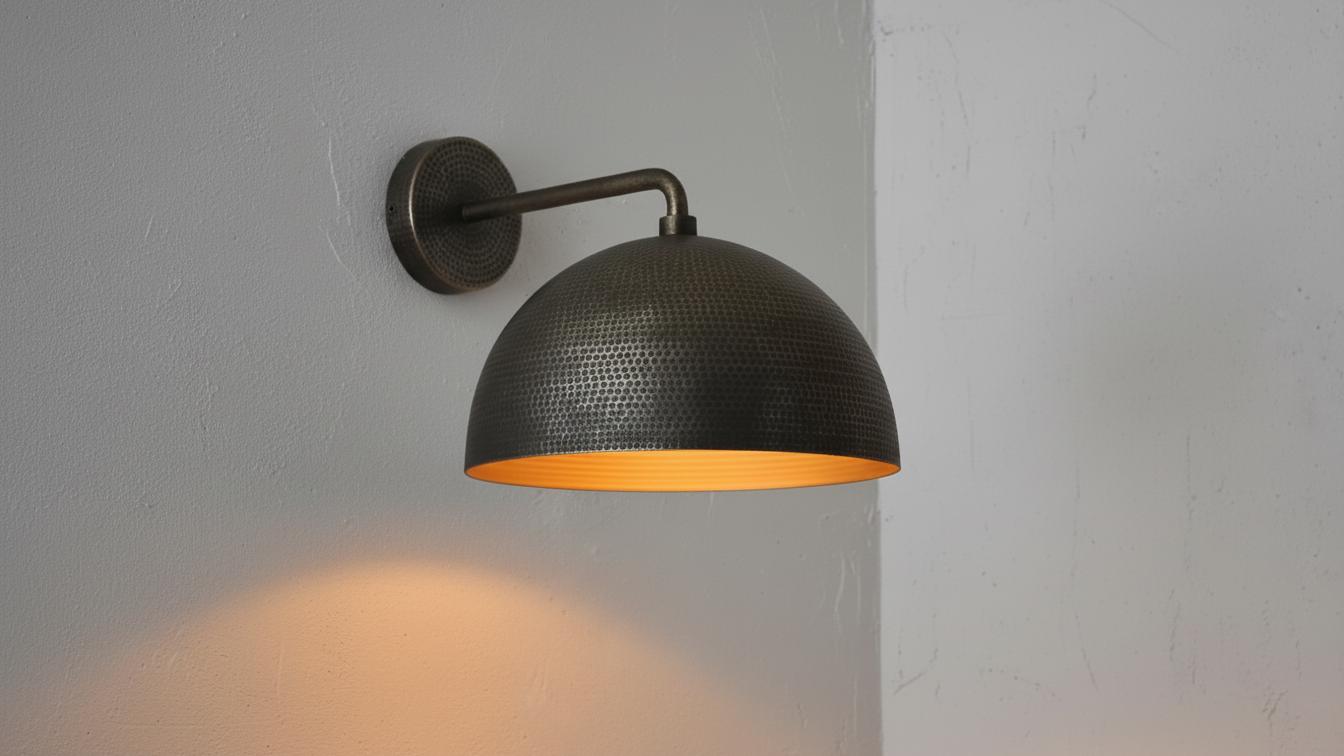 Black Brass Dome Wall Lamp – Hammered Brass Sconce Light, Modern Industrial Wall Fixture, Handmade Moroccan Home Lighting