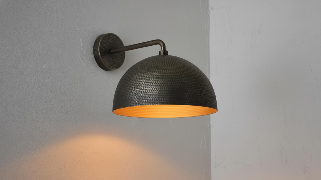 Black Brass Dome Wall Lamp – Hammered Brass Sconce Light, Modern Industrial Wall Fixture, Handmade Moroccan Home Lighting