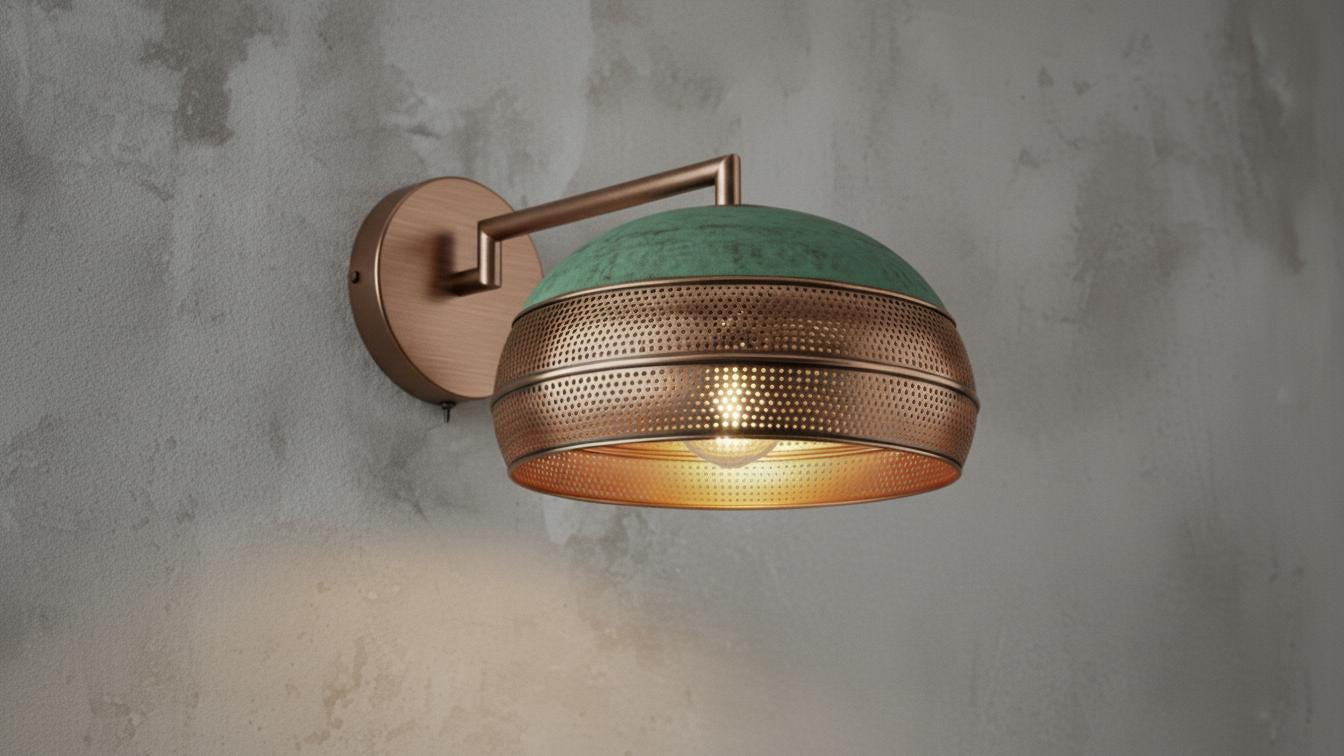 Perforated Oxidized Copper Wall Lamp – Handmade Green Patina Wall Sconce, Vintage Moroccan Pierced Brass-Style Light, Handcrafted Wall Fixture
