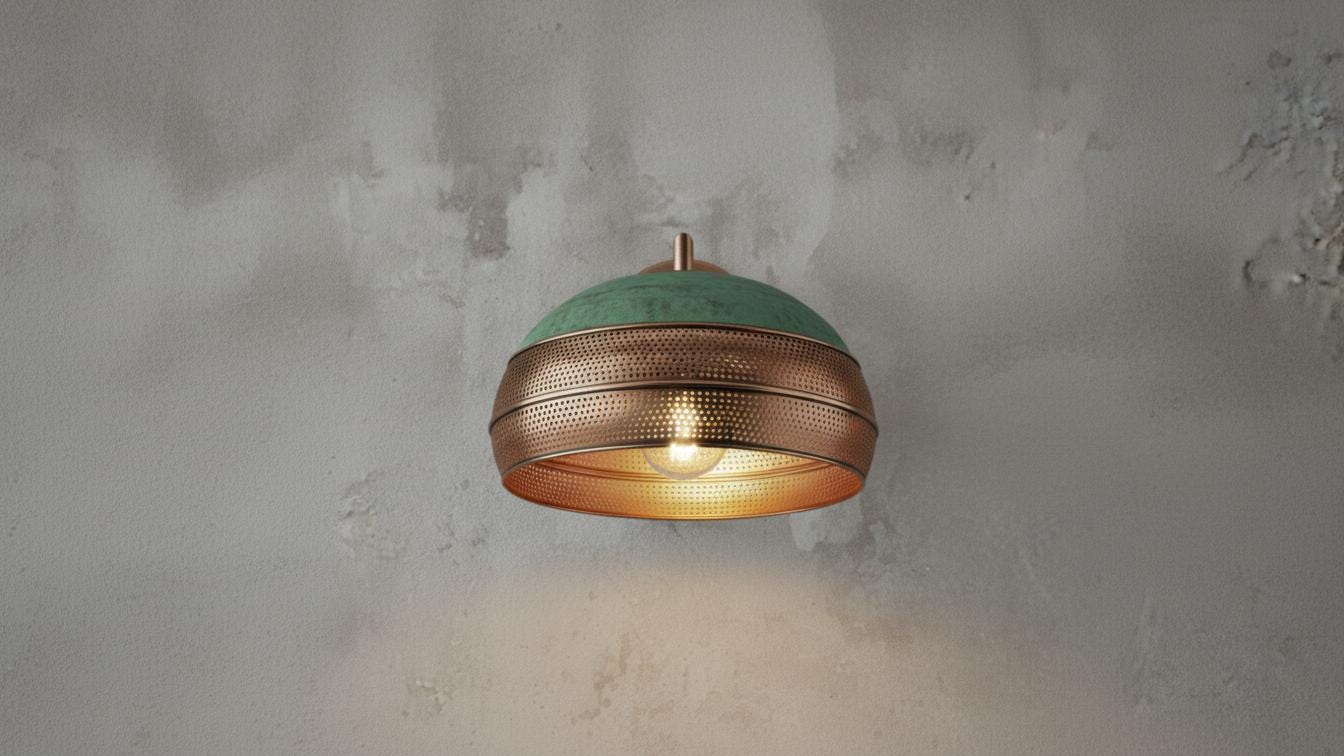 Perforated Oxidized Copper Wall Lamp – Handmade Green Patina Wall Sconce, Vintage Moroccan Pierced Brass-Style Light, Handcrafted Wall Fixture