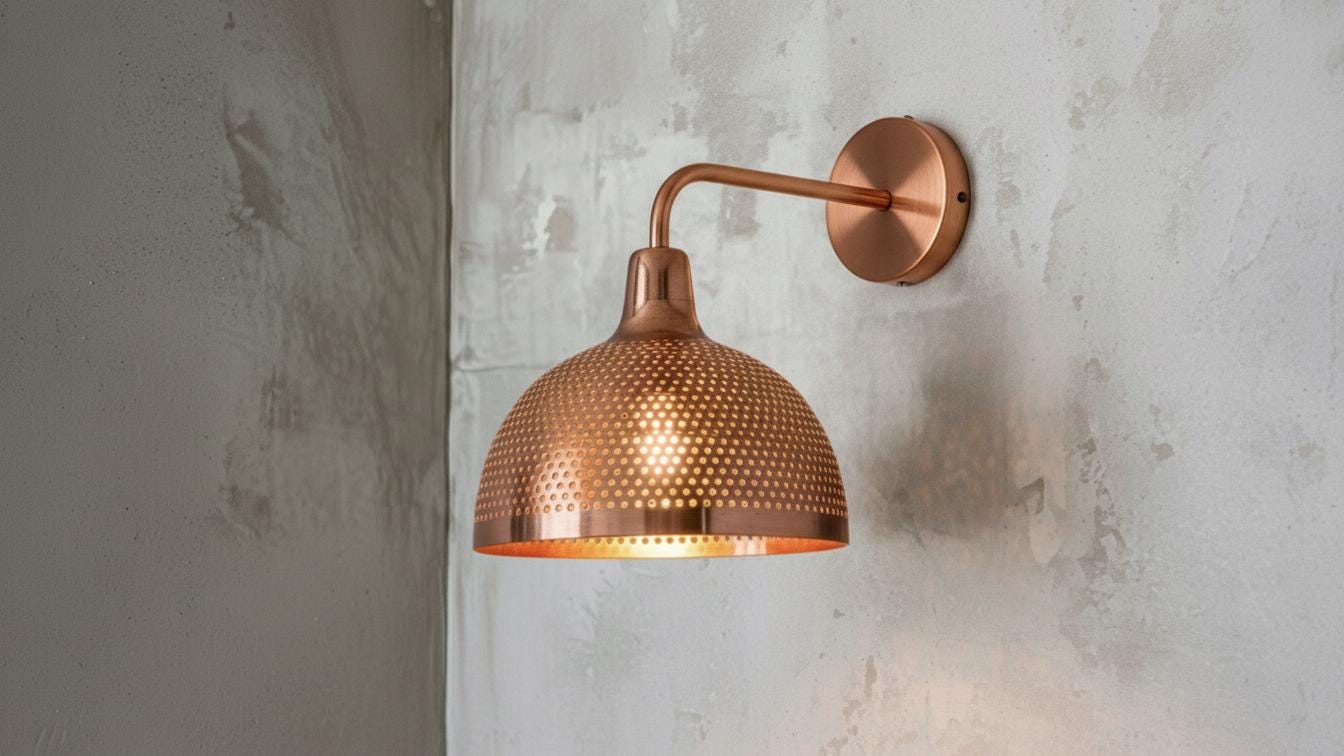 Perforated Copper Wall Lamp, Handmade Green Patina Wall Sconce, Vintage Moroccan Pierced Wall Light