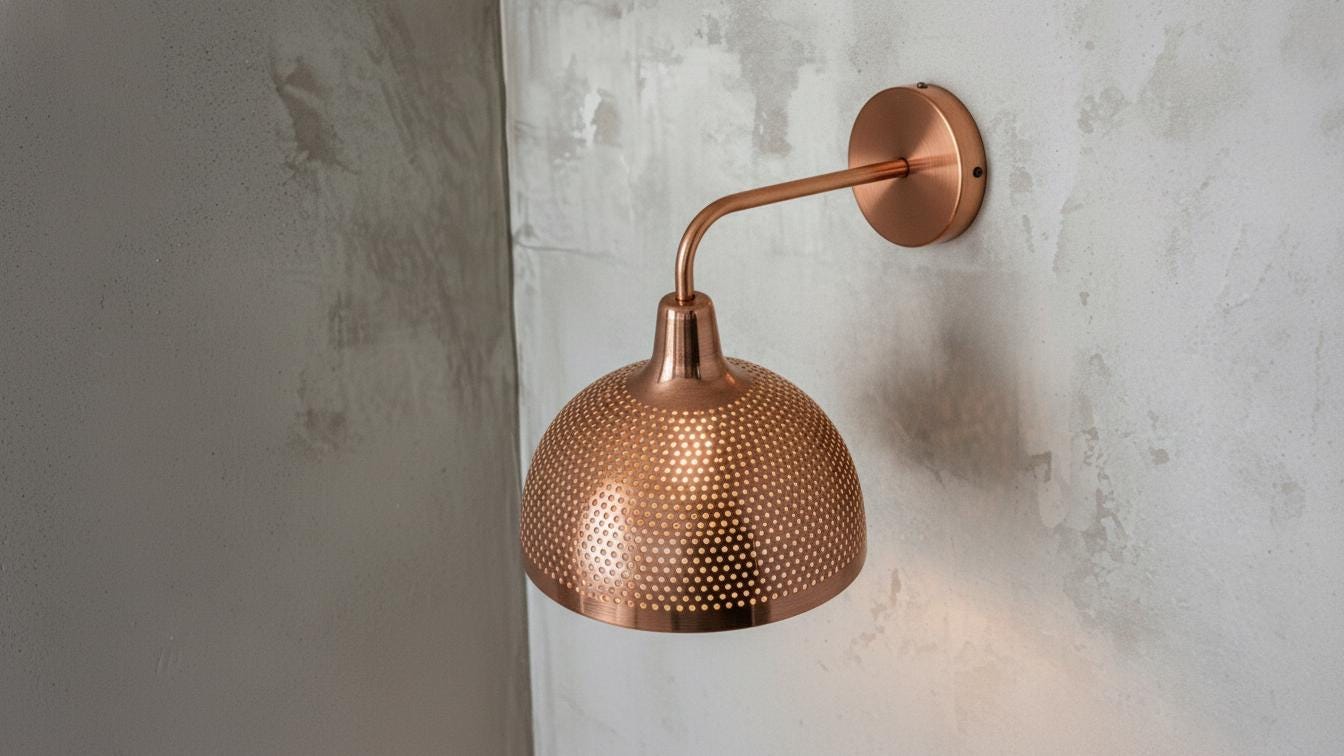 Perforated Copper Wall Lamp, Handmade Green Patina Wall Sconce, Vintage Moroccan Pierced Wall Light