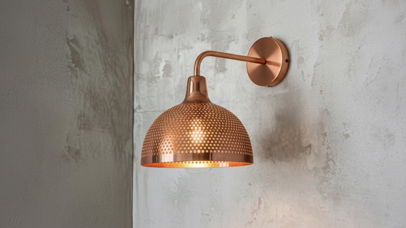 Perforated Copper Wall Lamp, Handmade Green Patina Wall Sconce, Vintage Moroccan Pierced Wall Light