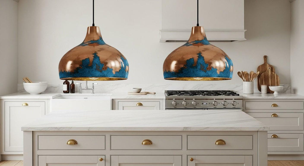 Blue Patina Copper Dome Pendant Light , Rustic Farmhouse Lighting, Hanging Pendant Lighting, Kitchen Island Lighting, Ceiling Light Fixture