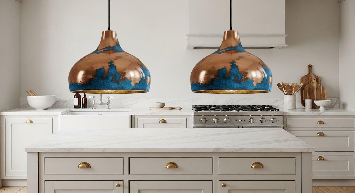 Blue Patina Copper Dome Pendant Light , Rustic Farmhouse Lighting, Hanging Pendant Lighting, Kitchen Island Lighting, Ceiling Light Fixture
