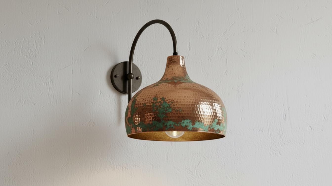 Hand-Made Green Patina Light Art Deco CopperWall Sconce, Hammered Copper Wall Light, Rustic Moroccan Sconce Lamp