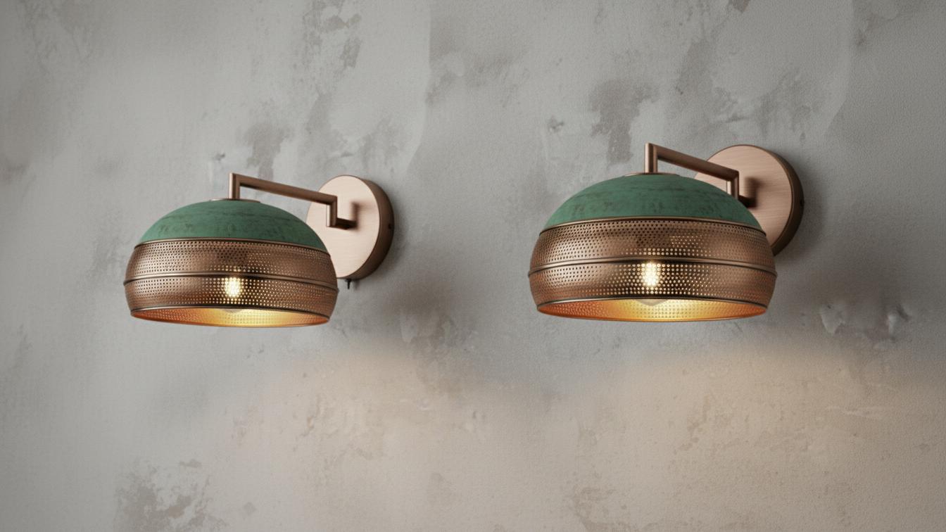 Perforated Oxidized Copper Wall Lamp – Handmade Green Patina Wall Sconce, Vintage Moroccan Pierced Brass-Style Light, Handcrafted Wall Fixture