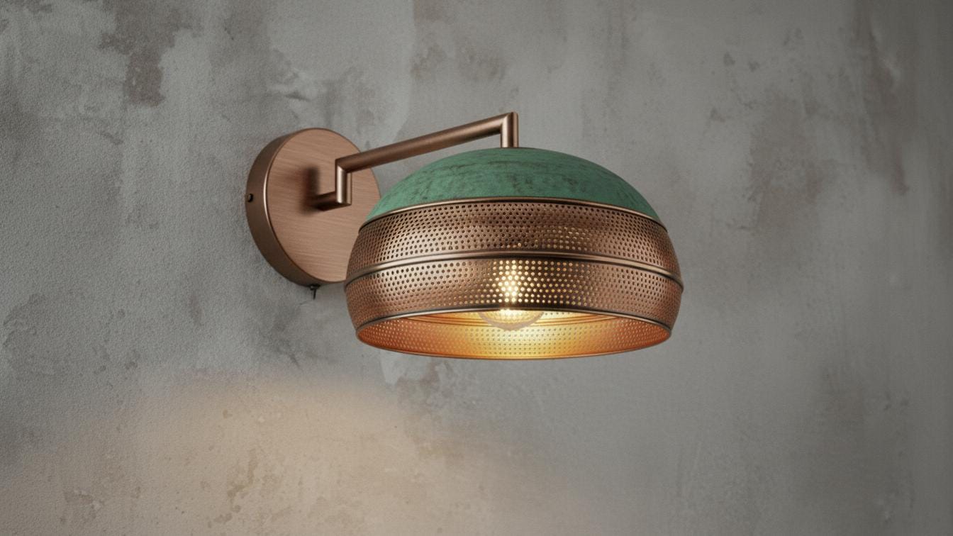 Perforated Oxidized Copper Wall Lamp – Handmade Green Patina Wall Sconce, Vintage Moroccan Pierced Brass-Style Light, Handcrafted Wall Fixture