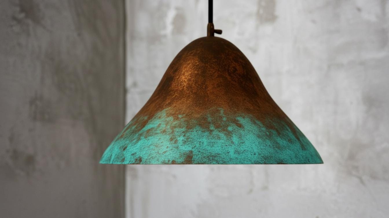Hammered Copper Dome Pendant Light, Green Patina, Moroccan Style