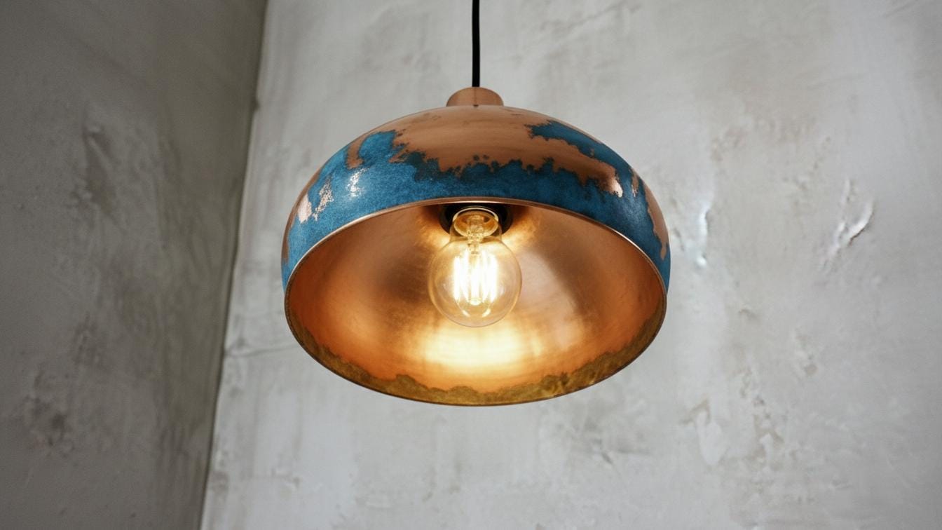 Blue Patina Copper Dome Pendant Light , Rustic Farmhouse Lighting, Hanging Pendant Lighting, Kitchen Island Lighting, Ceiling Light Fixture
