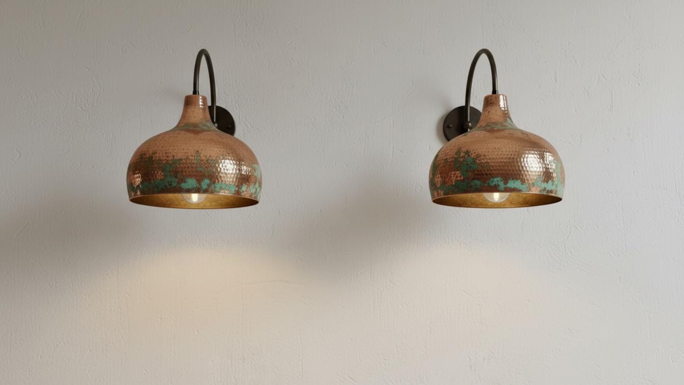 Hand-Made Green Patina Light Art Deco CopperWall Sconce, Hammered Copper Wall Light, Rustic Moroccan Sconce Lamp
