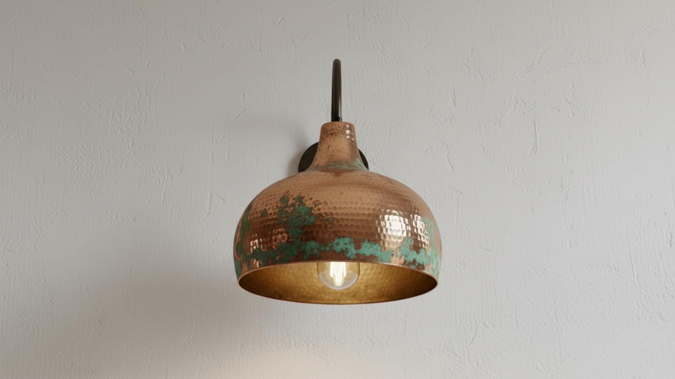 Hand-Made Green Patina Light Art Deco CopperWall Sconce, Hammered Copper Wall Light, Rustic Moroccan Sconce Lamp