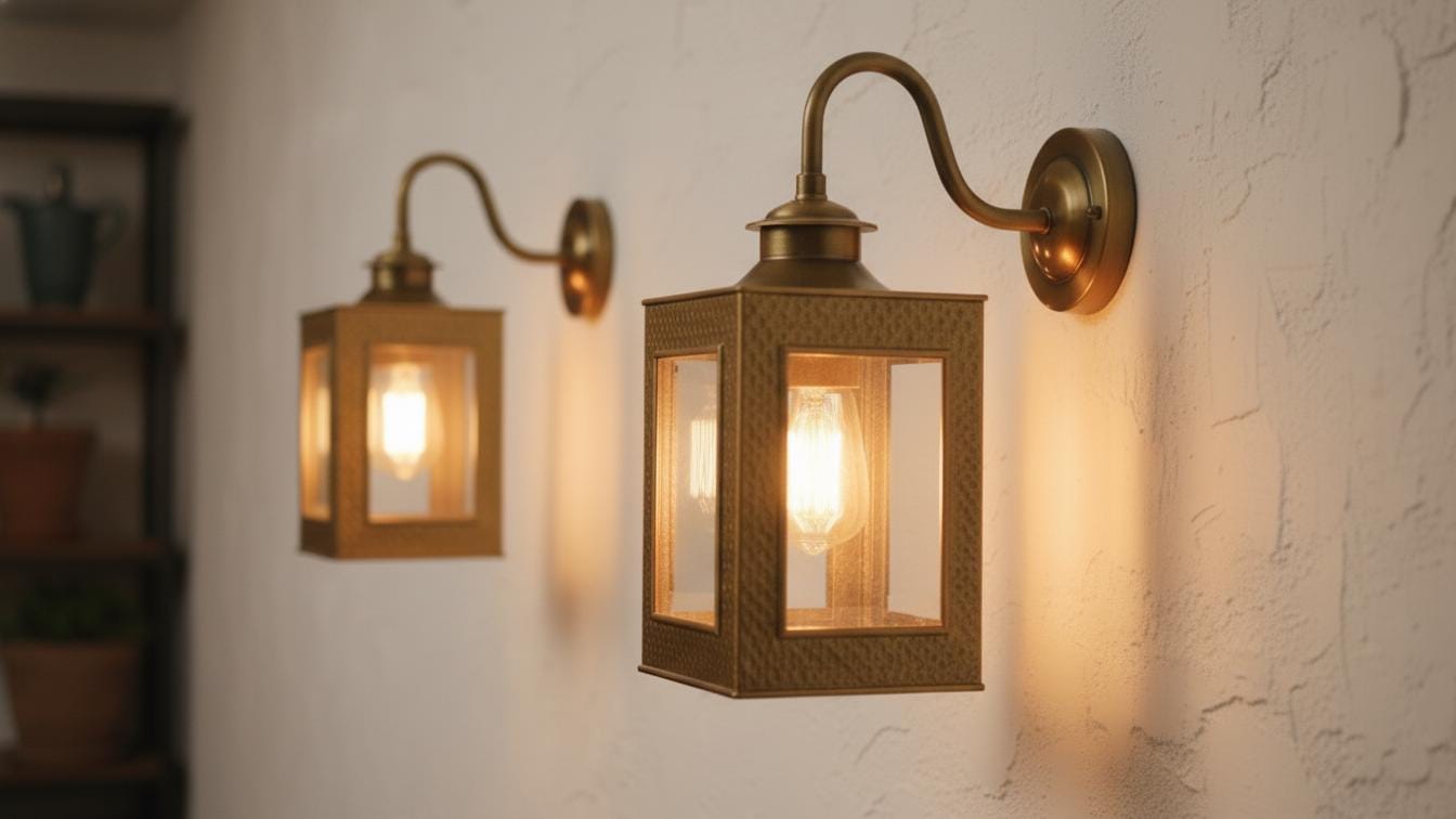 Vintage Copper Outdoor Wall Sconce, Handmade Brass Arm Lantern with Clear Glass for Porch Lighting