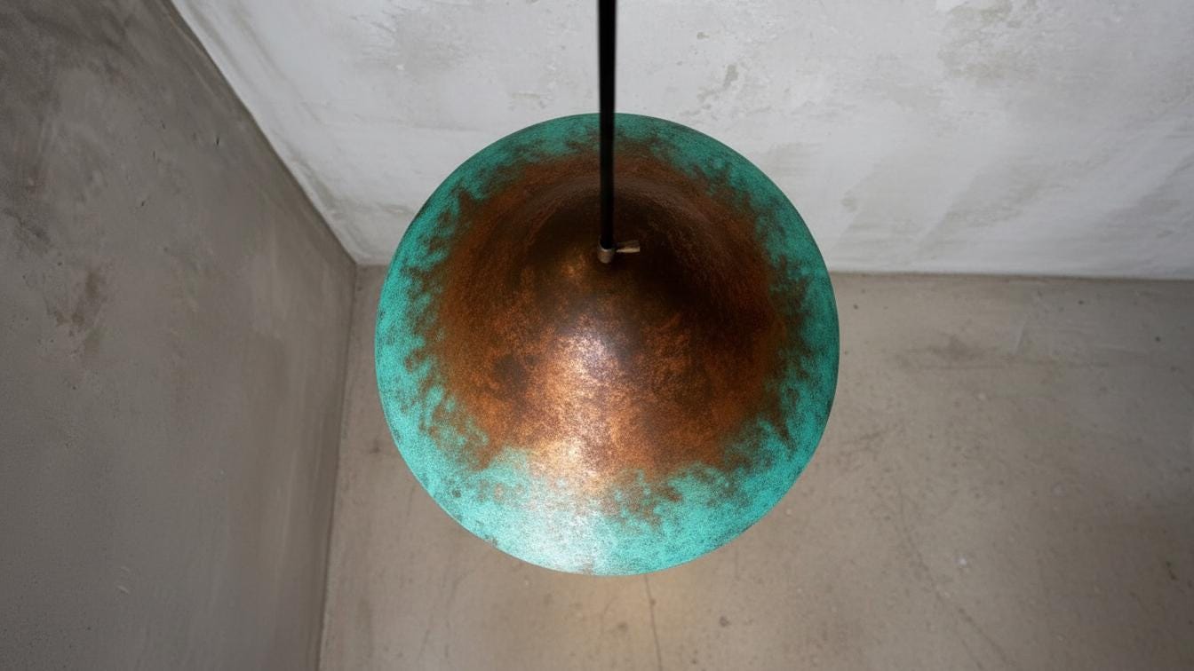 Hammered Copper Dome Pendant Light, Green Patina, Moroccan Style