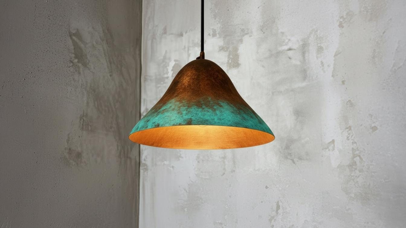 Hammered Copper Dome Pendant Light, Green Patina, Moroccan Style