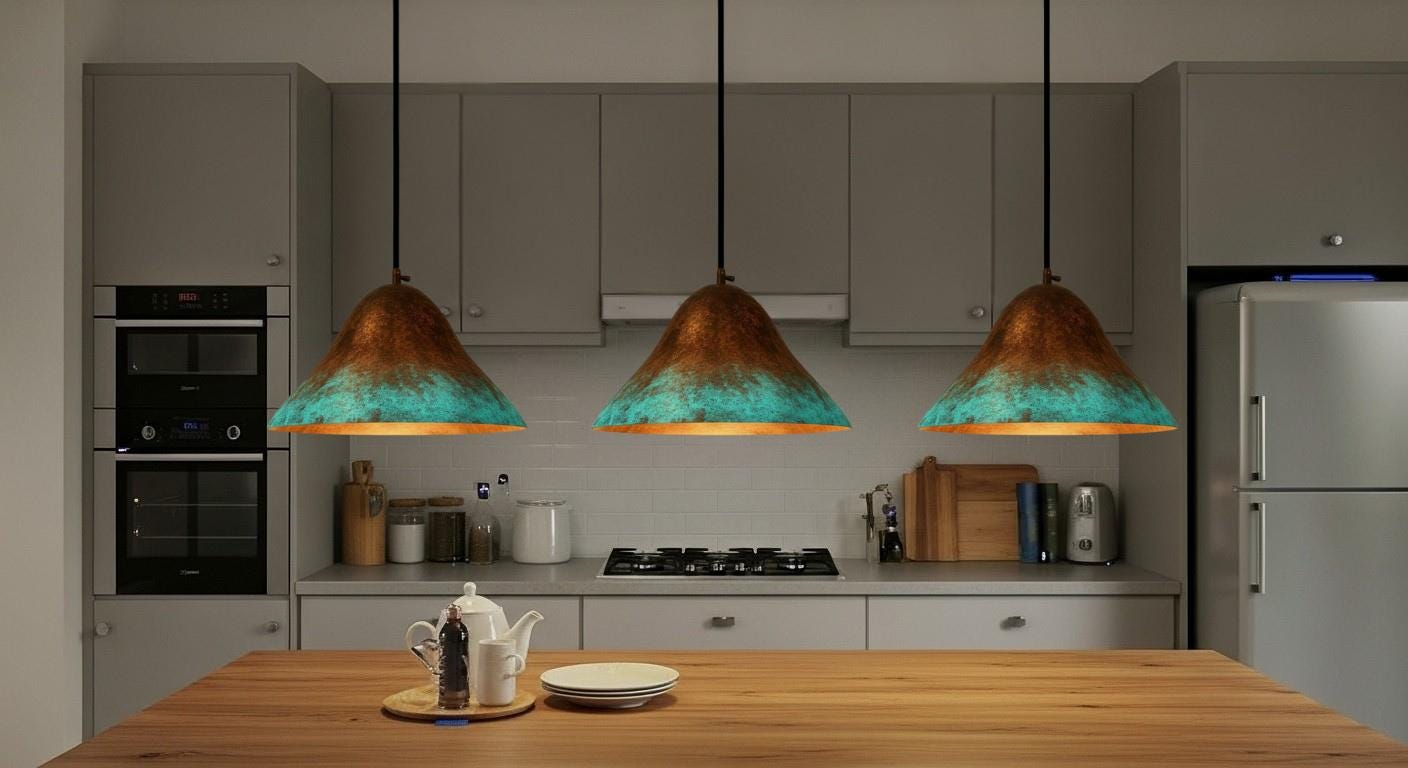 Hammered Copper Dome Pendant Light, Green Patina, Moroccan Style