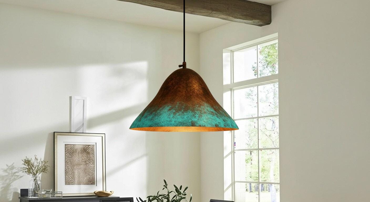 Hammered Copper Dome Pendant Light, Green Patina, Moroccan Style