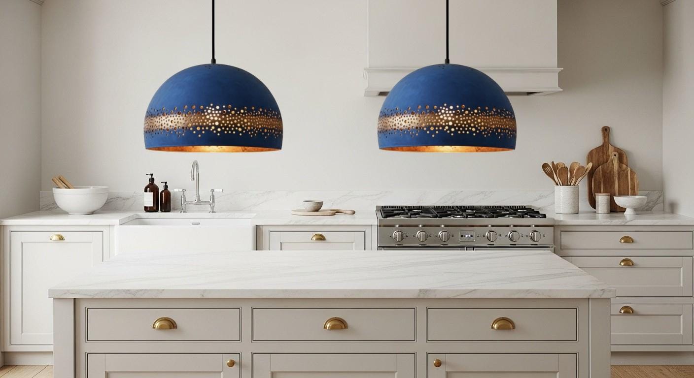 Handcrafted Blue Patina Copper Pendant Light – Moroccan Boho Lighting