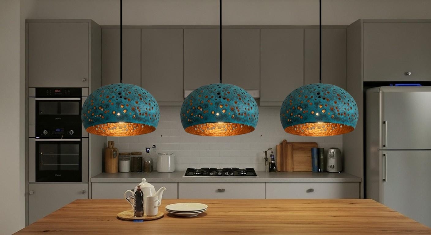 Blue Patina Copper Dome Pendant Light – Rustic Farmhouse Hanging Lamp, Kitchen Island Ceiling Light Fixture