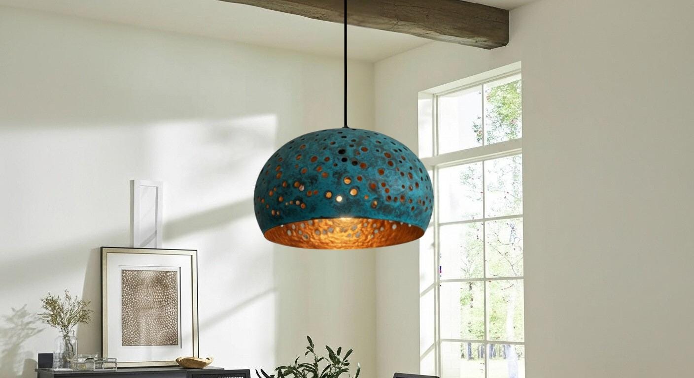 Blue Patina Copper Dome Pendant Light – Rustic Farmhouse Hanging Lamp, Kitchen Island Ceiling Light Fixture