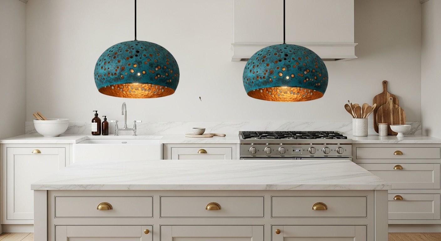 Blue Patina Copper Dome Pendant Light – Rustic Farmhouse Hanging Lamp, Kitchen Island Ceiling Light Fixture