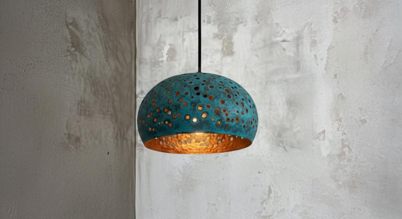 Blue Patina Copper Dome Pendant Light – Rustic Farmhouse Hanging Lamp, Kitchen Island Ceiling Light Fixture