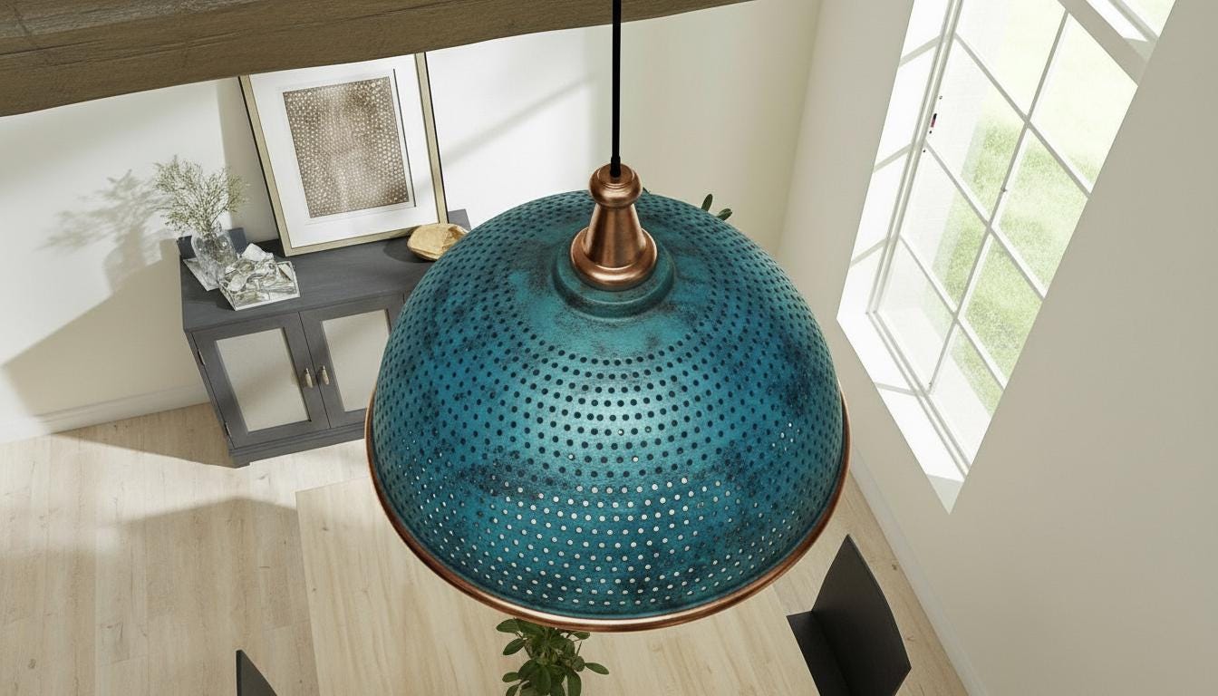 Oxidized Copper Light,Modern Copper Ceiling Dome Pendant Lamp ,Blue Patina Light fixture ,Rustic Chandelier, Kitchen Island ,Farmhouse light