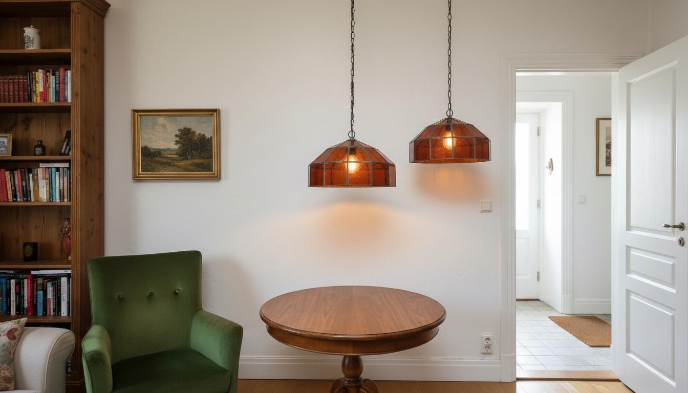 Amber Stained Glass Pendant Light – Vintage Geometric Hanging Lamp, Rustic Farmhouse Ceiling Light