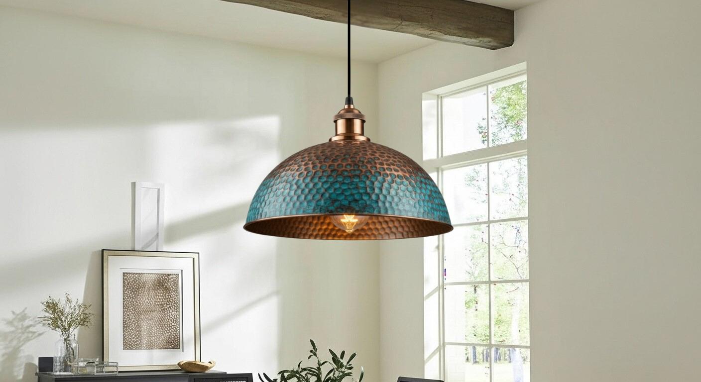 Blue Patina Copper Dome Pendant Light , Rustic Farmhouse Lighting, Hanging Pendant Lighting, Kitchen Island Lighting, Ceiling Light Fixture