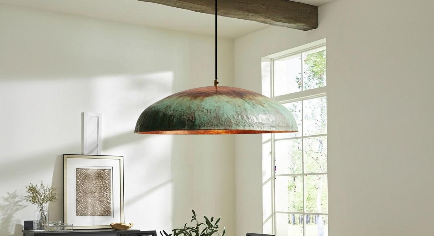 Hammered Copper Pendant Light – Handmade Green Patina Moroccan Lamp, Rustic Farmhouse Kitchen Island Lighting