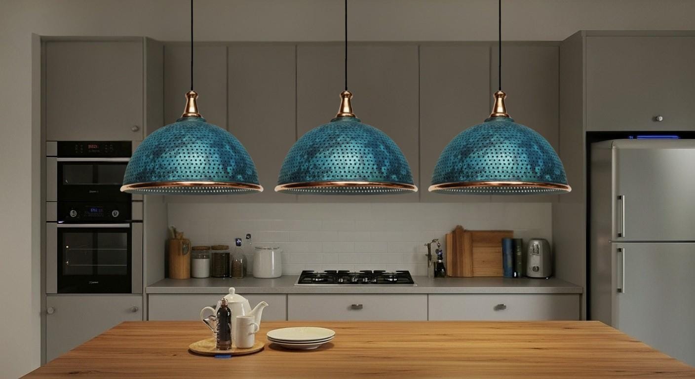 Oxidized Copper Light,Modern Copper Ceiling Dome Pendant Lamp ,Blue Patina Light fixture ,Rustic Chandelier, Kitchen Island ,Farmhouse light