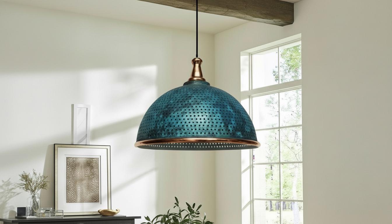 Blue Patina Copper Dome Pendant Light, Moroccan Farmhouse Lighting