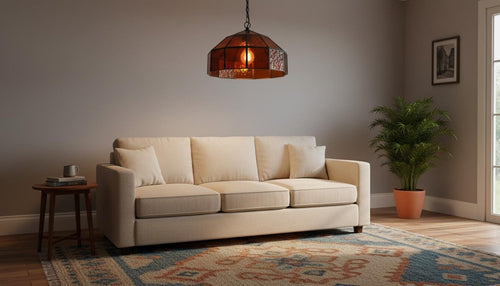 Amber Stained Glass Pendant Light – Vintage Geometric Hanging Lamp, Rustic Farmhouse Ceiling Light