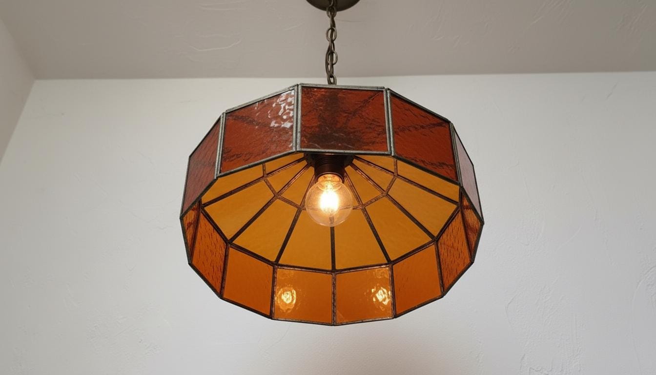Amber Stained Glass Pendant Light – Vintage Geometric Hanging Lamp, Rustic Farmhouse Ceiling Light