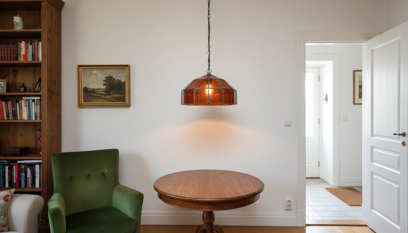 Amber Stained Glass Pendant Light – Vintage Geometric Hanging Lamp, Rustic Farmhouse Ceiling Light