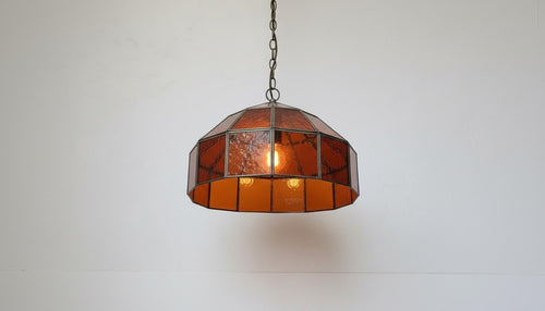 Amber Stained Glass Pendant Light – Vintage Geometric Hanging Lamp, Rustic Farmhouse Ceiling Light