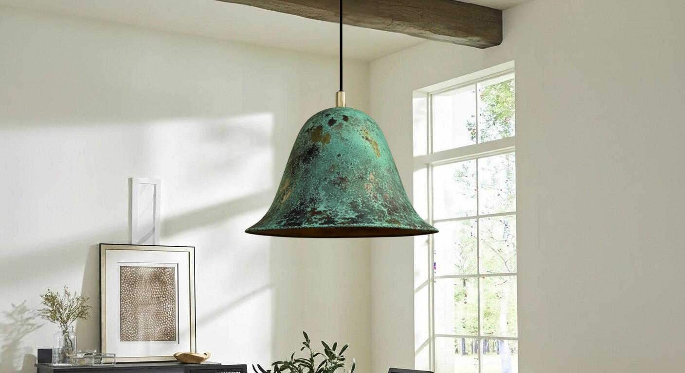 Handmade Green Patina Copper Pendant Light – Hammered Moroccan Lamp for Kitchen Island, Dining Room Lighting