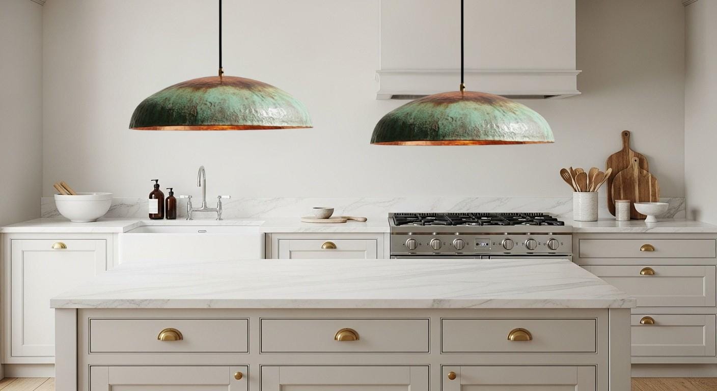 Hammered Copper Pendant Light – Handmade Green Patina Moroccan Lamp, Rustic Farmhouse Kitchen Island Lighting